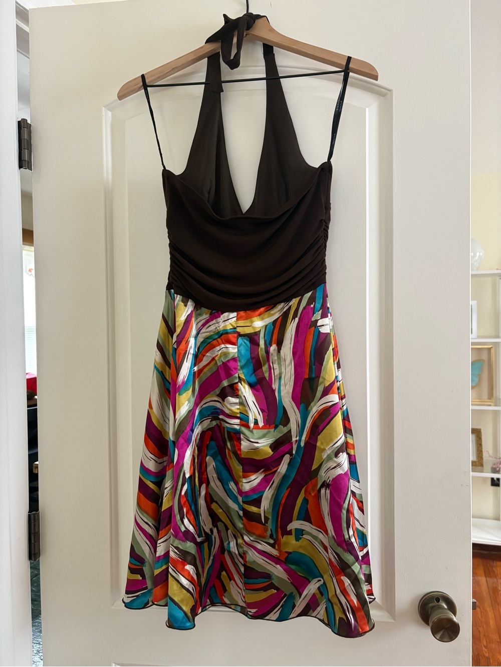 My Michelle Brown Halter Dress with Abstract Multicolor Skirt